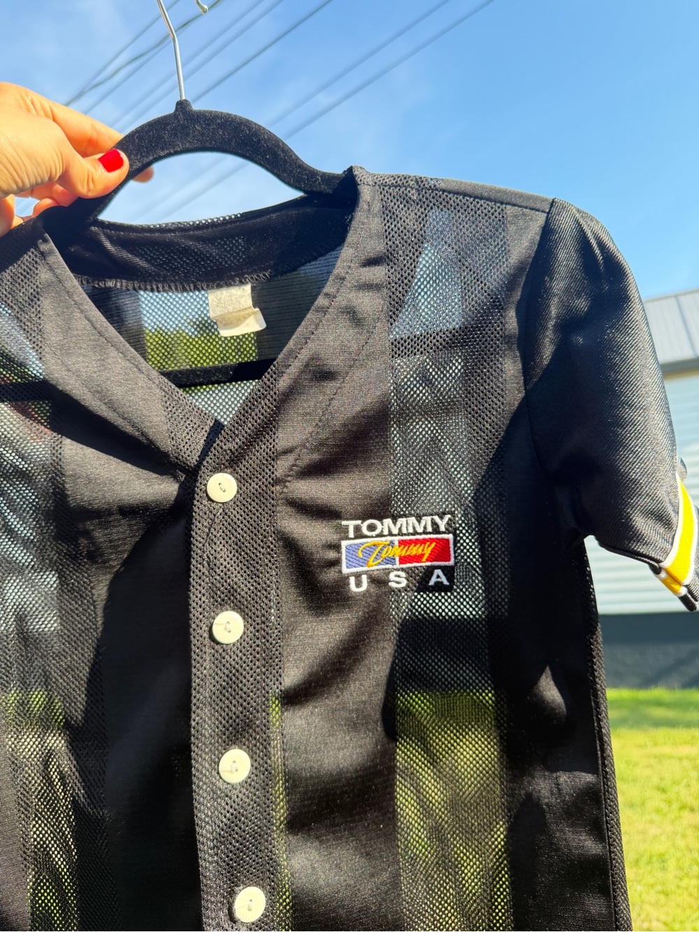 Vintage Tommy Hilfiger Black Mesh Striped Baseball Jersey button up